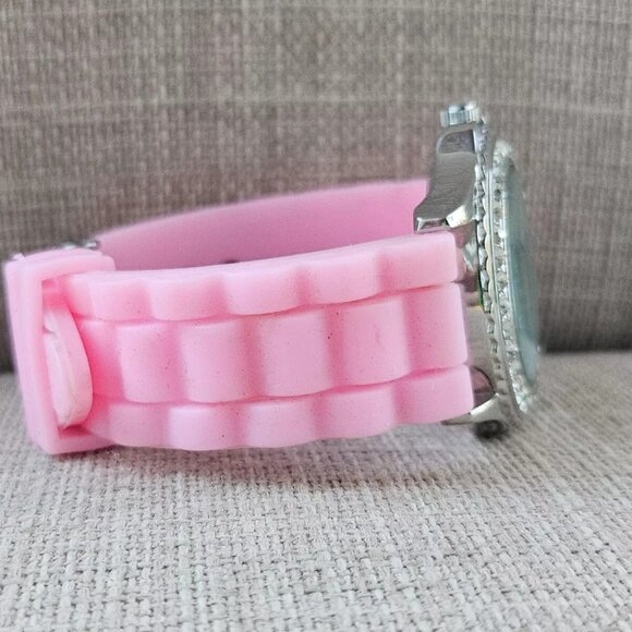 Women Wristwatch Pink Rubber Strap Silver Tone Case Crystal Accent Bezel Watch - Picture 5 of 11